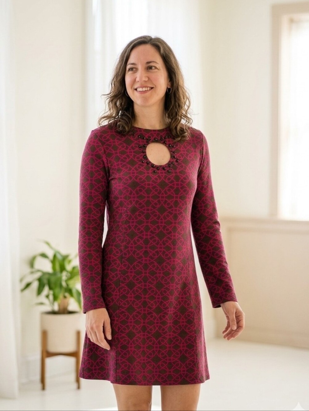 Tracy Negoshian PINK & BROWN Shift Dress Embellished Keyhole Opening S 4-6